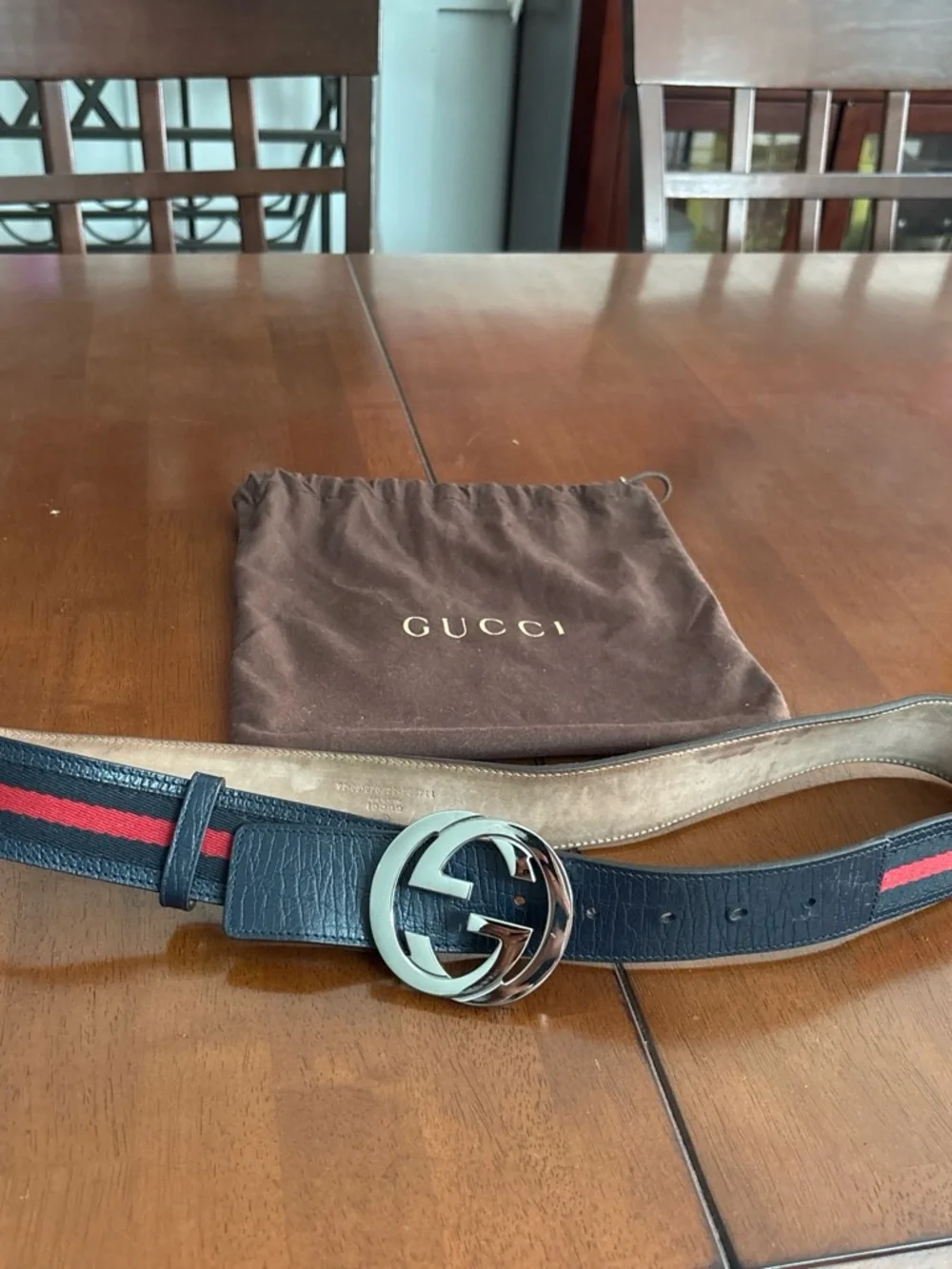 Gucci Black & Red Web Stripe Leather Belt with Silver Double G Buckle